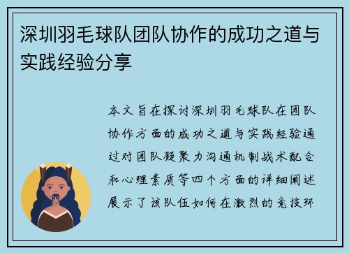 深圳羽毛球队团队协作的成功之道与实践经验分享