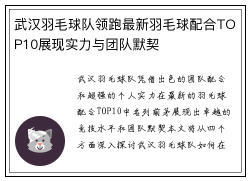 武汉羽毛球队领跑最新羽毛球配合TOP10展现实力与团队默契